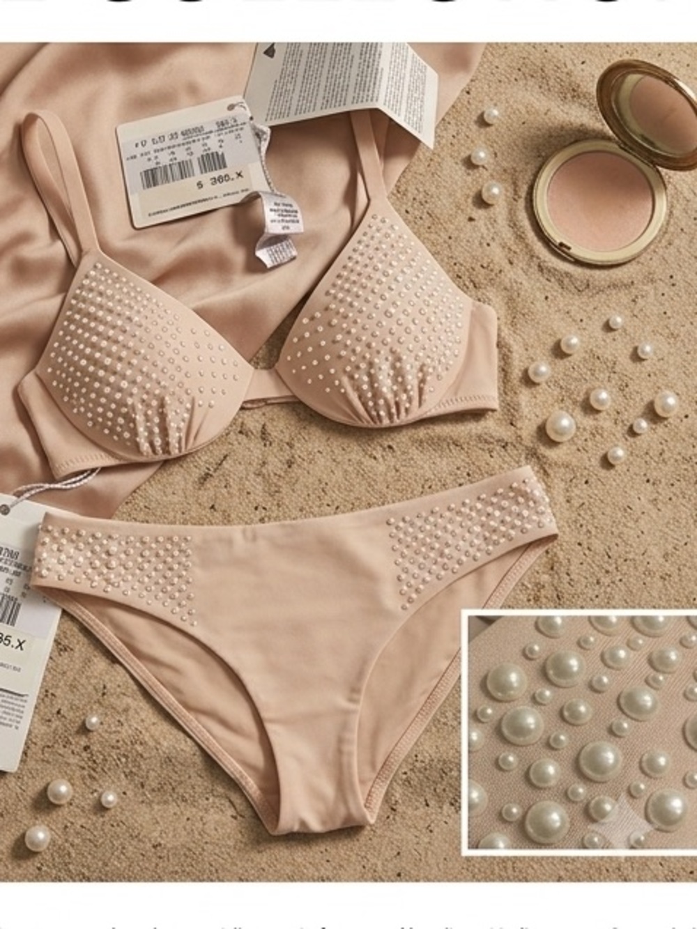 NWT LA PERLA “PEARLS FALL” Embellished Lycra Bikini 2- piece swim Nude Sz.38C /L